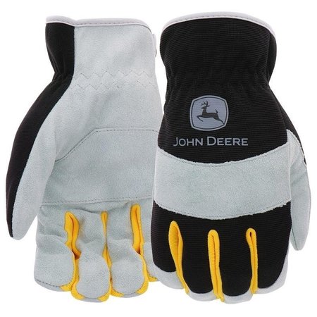 JOHN DEERE Work Gloves, SlipOn, Men's, L, Keystone Thumb, Shirred Cuff, Spandex Back, BlackGray JD86020-L